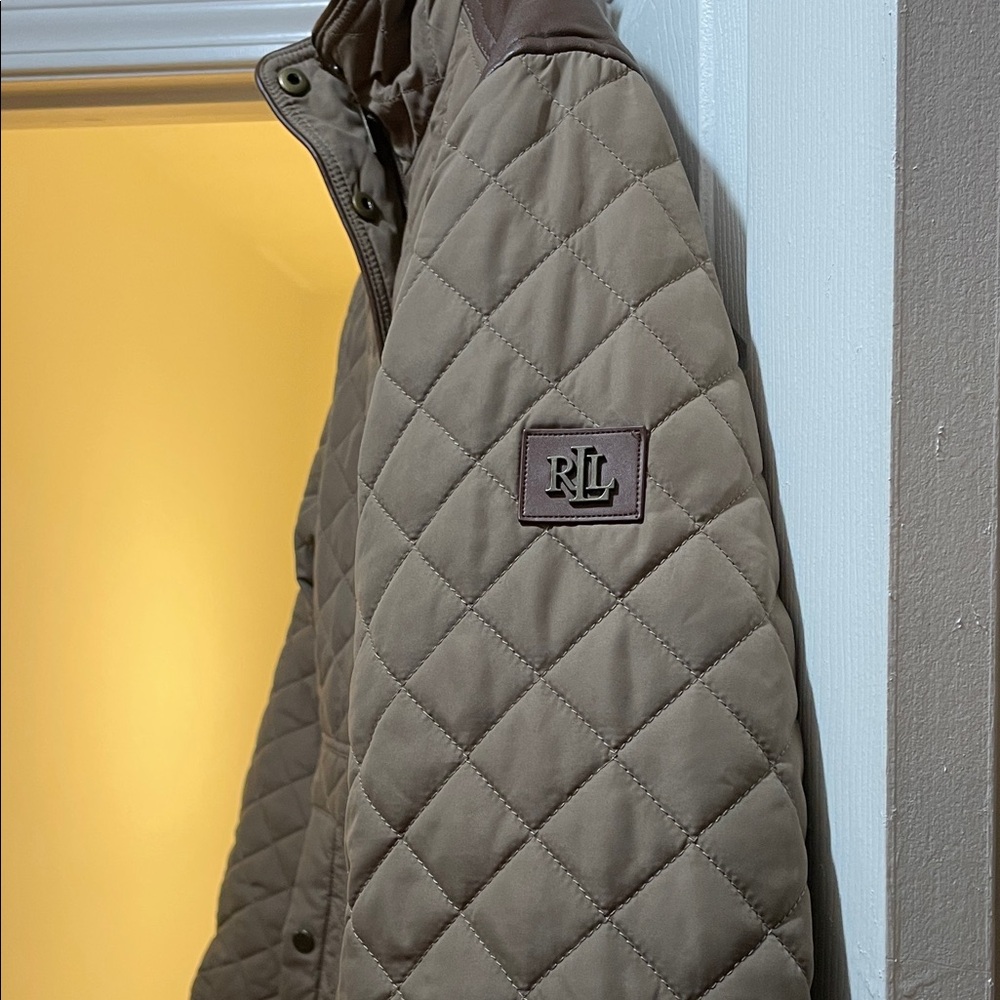 Lauren Ralph Lauren Faux-Leather-Trim Quilted Brown/Tan Jacket - Picture 15 of 15